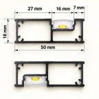 Διατομή προφίλ αλουμινίου GlowFrame LED 50 × 18 mm σε δύο προσανατολισμούς, με ταινία LED, κάλυμμα και διαστάσεις