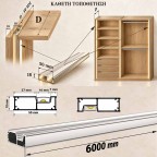 Σχέδιο κάθετης τοποθέτησης προφίλ GlowFrame LED στο εσωτερικό ντουλάπας με 3 συρόμενα φύλλα, με λεπτομέρεια εφαρμογής και διαστάσεις
